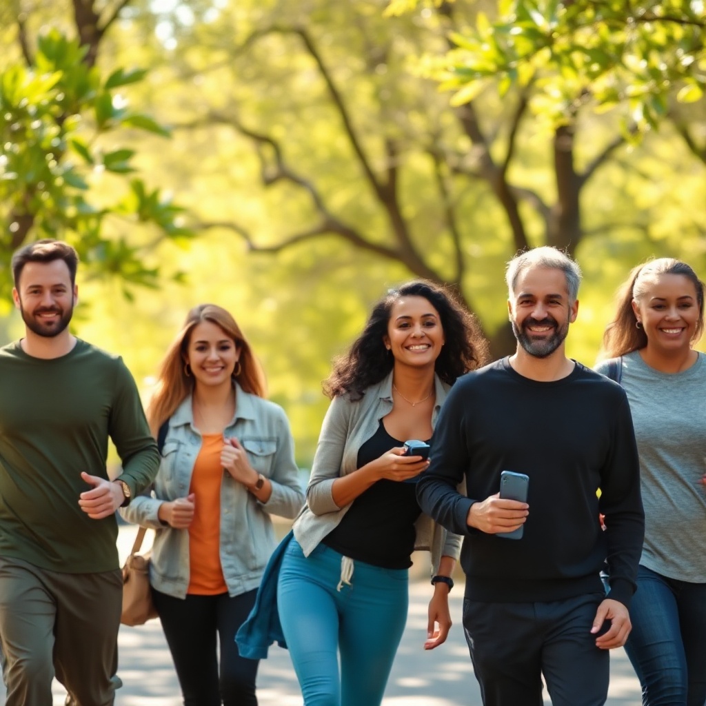Diverse adults brisk walking in a park