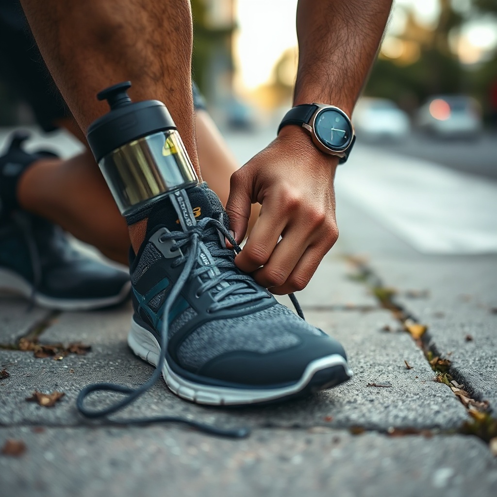 Person tying running shoes with water bottle and smartwatch nearby