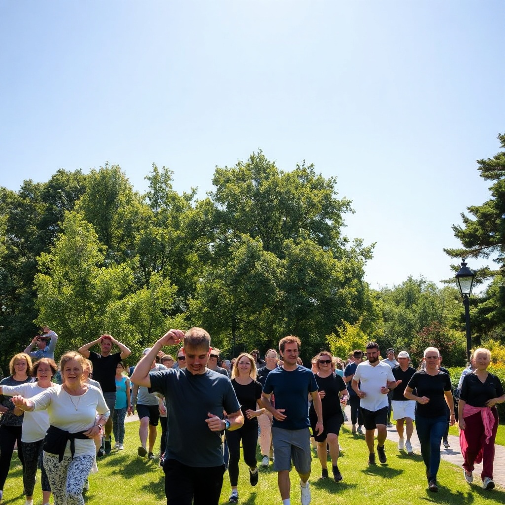 People walking and jogging in a sunny park