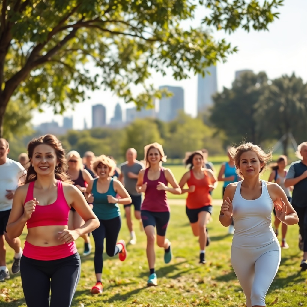 Diverse adults exercising outdoors in a sunny park